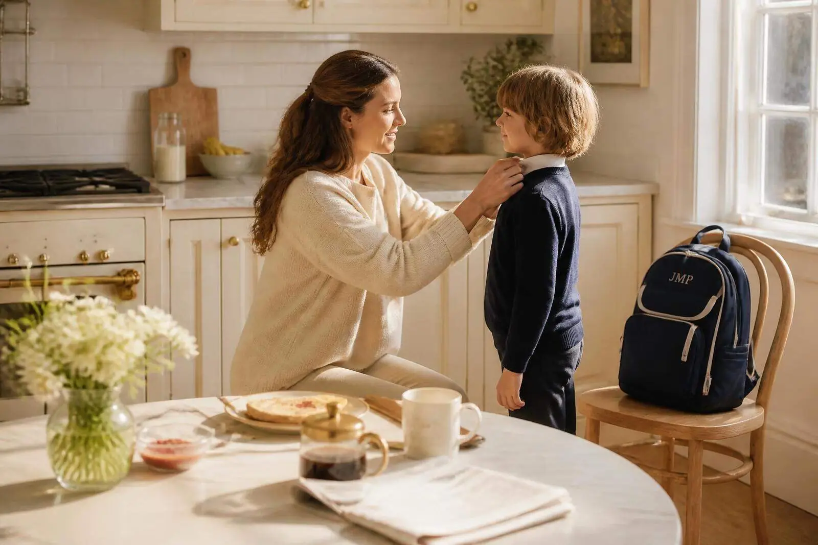 A parent helping their child get ready for school in a sunlit kitchen